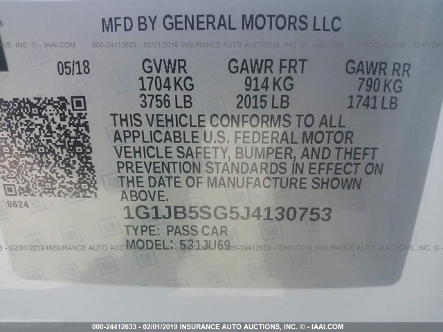 1G1JB5SG5J4130753 - 2018 CHEVROLET SONIC LS 白色 照片 9