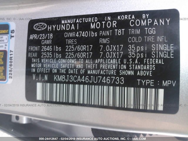 KM8J3CA46JU746733 - 2018 HYUNDAI TUCSON LIMITED/SPORT AND ECO/SE SILVER photo 9