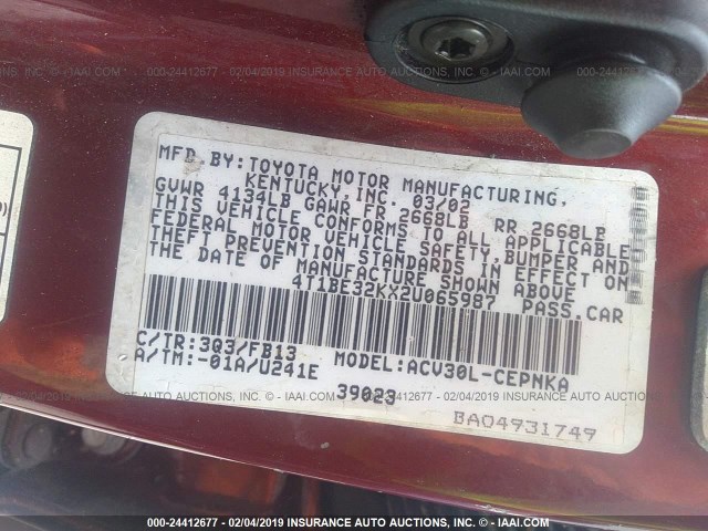 4T1BE32KX2U065987 - 2002 TOYOTA CAMRY LE/XLE/SE RED photo 9