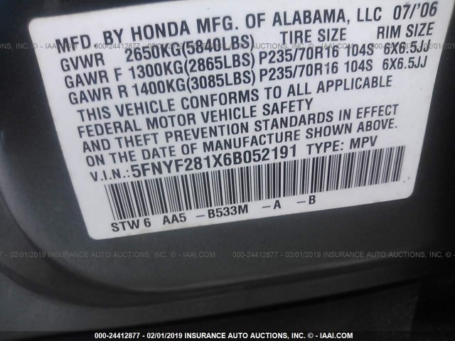 5FNYF281X6B052191 - 2006 HONDA PILOT LX BLUE photo 9