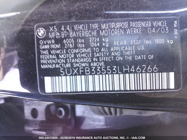 5UXFB33553LH46266 - 2003 BMW X5 BLACK photo 9