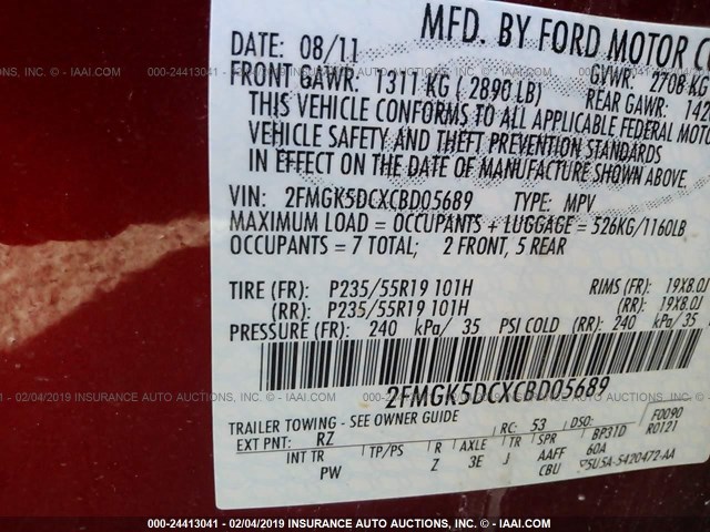 2FMGK5DCXCBD05689 - 2012 FORD FLEX LIMITED RED photo 9