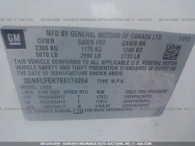 2GNFLFEK7E6174264 - 2014 CHEVROLET EQUINOX LT WHITE photo 9