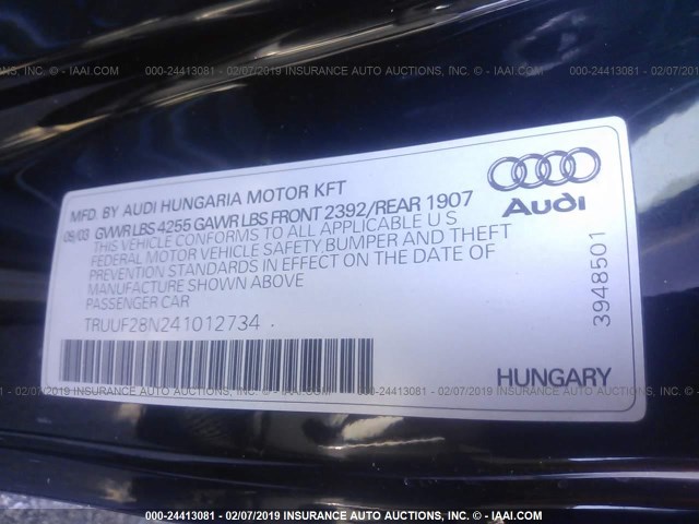 TRUUF28N241012734 - 2004 AUDI TT 3.2 BLACK photo 9