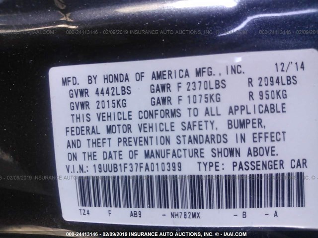 19UUB1F37FA010399 - 2015 ACURA TLX GRAY photo 9