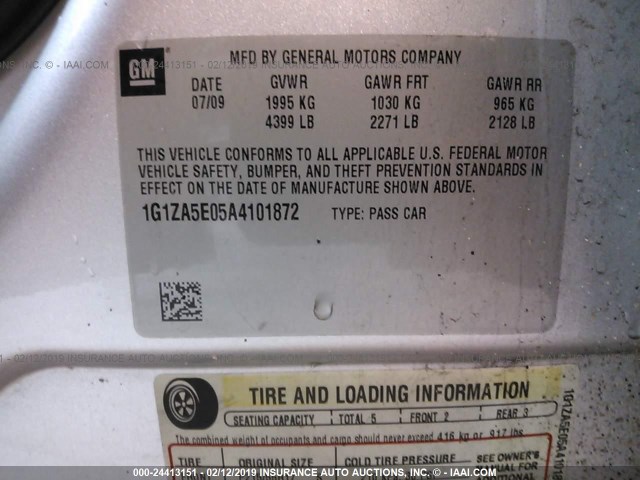 1G1ZA5E05A4101872 - 2010 CHEVROLET MALIBU LS SILVER photo 9