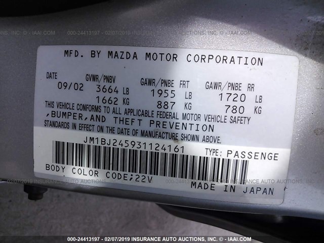 JM1BJ245931124161 - 2003 MAZDA PROTEGE PR5 SILVER photo 9