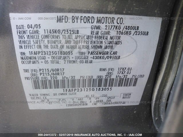 1FAFP23125G183055 - 2005 FORD FIVE HUNDRED SE GRAY photo 9