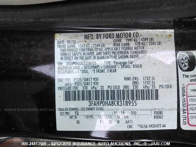 3FAHP0HA8CR318955 - 2012 FORD FUSION SE ბურგუნდია ფოტო 9