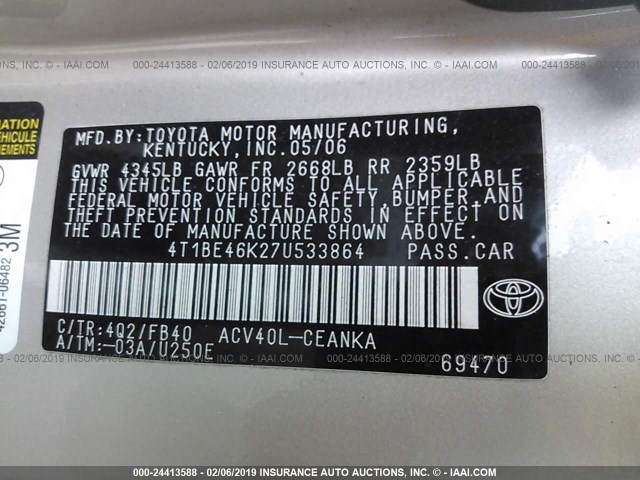 4T1BE46K27U533864 - 2007 TOYOTA CAMRY NEW GENERAT CE/LE/XLE/SE GOLD photo 9