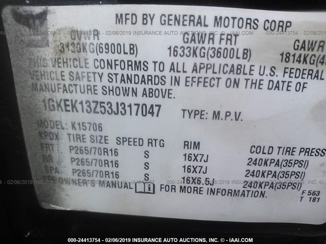 1GKEK13Z53J317047 - 2003 GMC YUKON BLACK photo 9