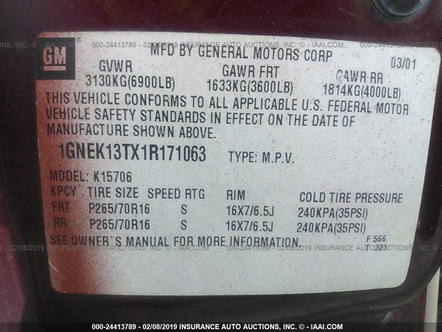 1GNEK13TX1R171063 - 2001 CHEVROLET TAHOE K1500 BURGUNDY photo 9