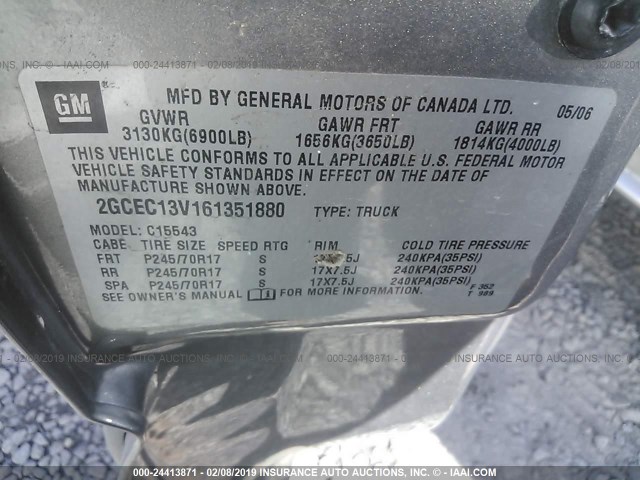 2GCEC13V161351880 - 2006 CHEVROLET SILVERADO C1500 GRAY photo 9