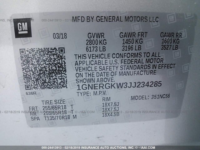 1GNERGKW3JJ234285 - 2018 CHEVROLET TRAVERSE LT SILVER photo 9