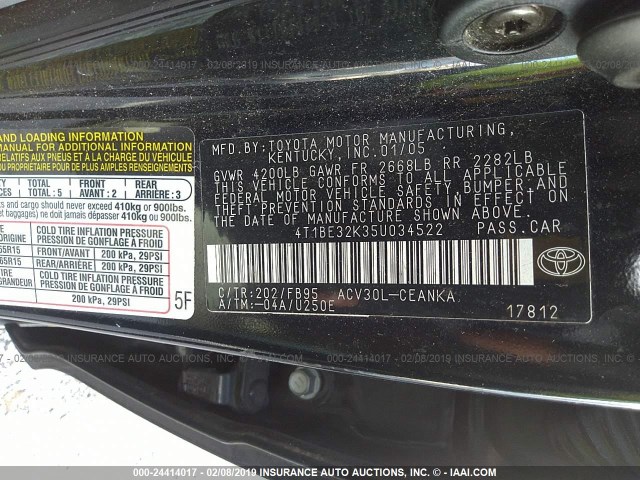 4T1BE32K35U034522 - 2005 TOYOTA CAMRY LE/XLE/SE BLACK photo 9