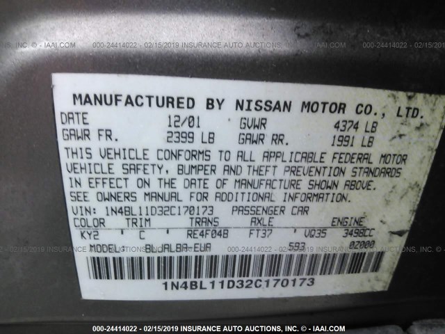 1N4BL11D32C170173 - 2002 NISSAN ALTIMA SE GRAY photo 9