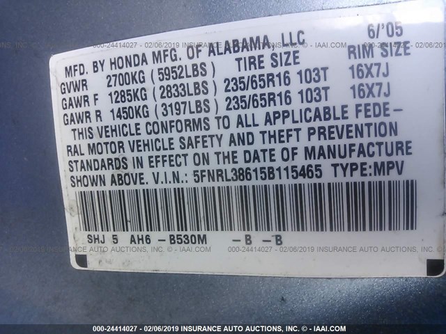 5FNRL38615B115465 - 2005 HONDA ODYSSEY EXL BLUE photo 9