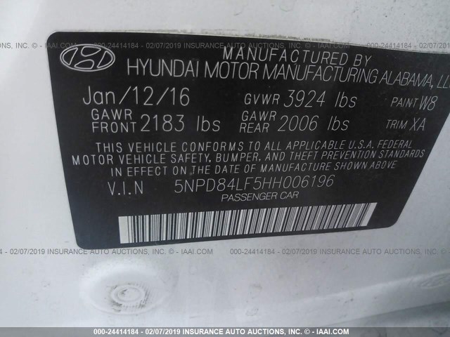 5NPD84LF5HH006196 - 2017 HYUNDAI ELANTRA SE/VALUE/LIMITED WHITE photo 9