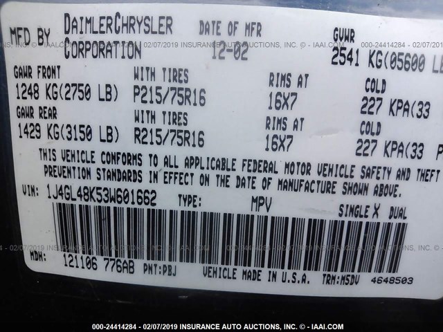 1J4GL48K53W601662 - 2003 JEEP LIBERTY SPORT/FREEDOM ლურჯი ფოტო 9