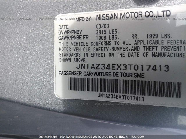 JN1AZ34EX3T017413 - 2003 NISSAN 350Z COUPE SILVER photo 9