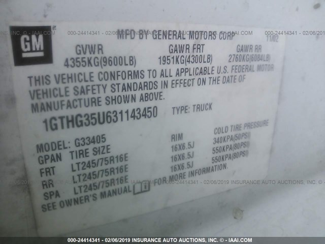 1GTHG35U631143450 - 2003 GMC SAVANA G3500 WHITE photo 9