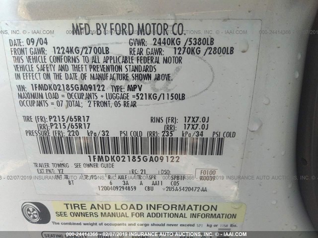 1FMDK02185GA09122 - 2005 FORD FREESTYLE SEL WHITE photo 9