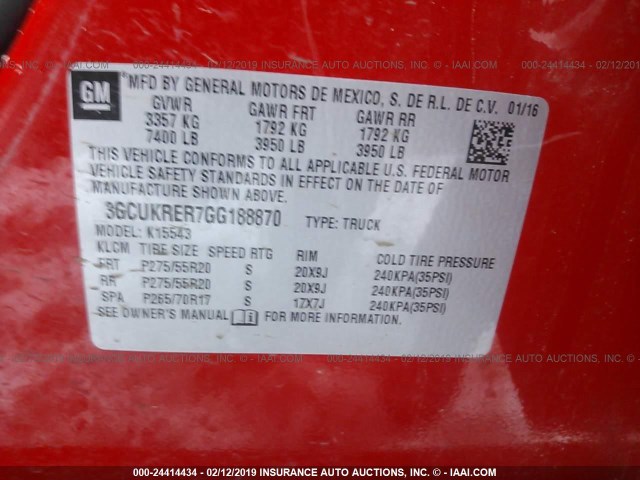 3GCUKRER7GG188870 - 2016 CHEVROLET SILVERADO K1500 LT RED photo 9