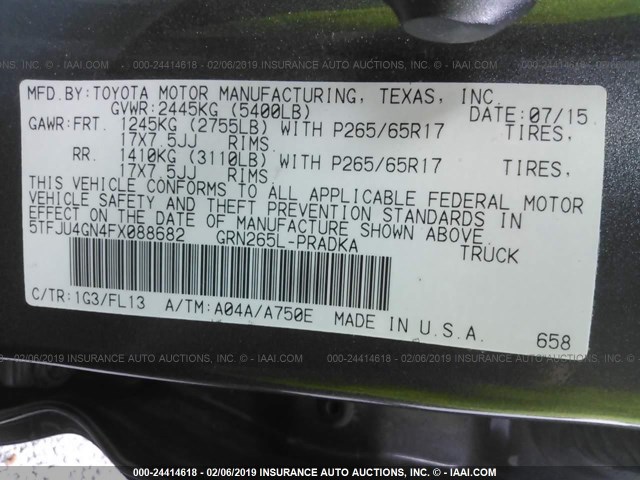 5TFJU4GN4FX088682 - 2015 TOYOTA TACOMA DOUBLE CAB PRERUNNER GRAY photo 9