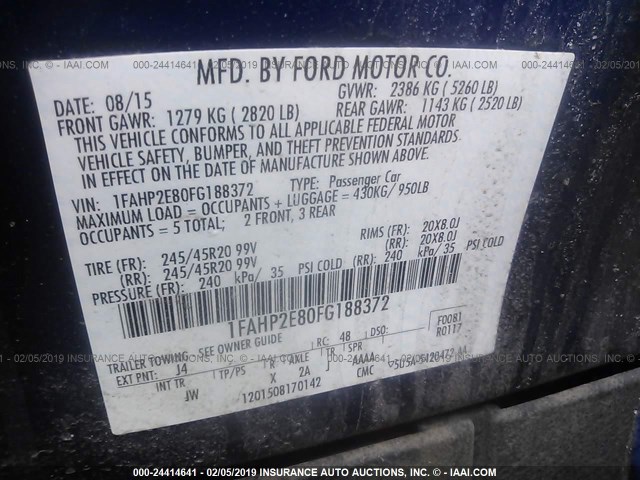 1FAHP2E80FG188372 - 2015 FORD TAURUS SEL BLUE photo 9