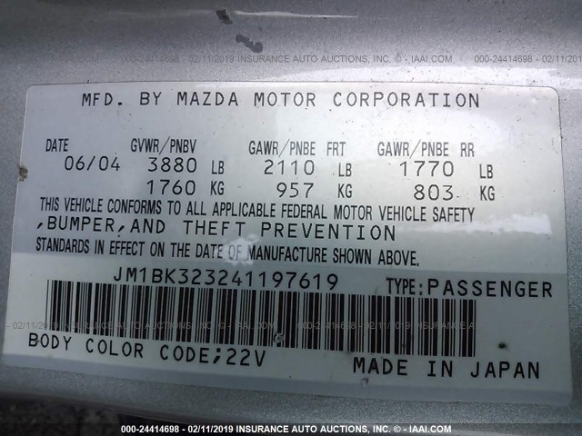 JM1BK323241197619 - 2004 MAZDA 3 S SILVER photo 9