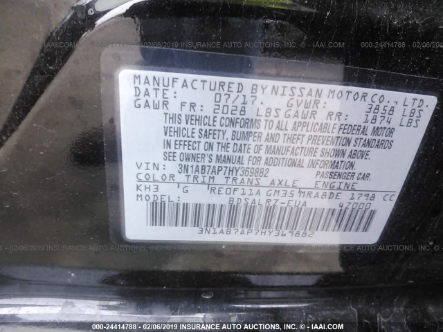 3N1AB7AP7HY369882 - 2017 NISSAN SENTRA S/SV/SR/SL შავი ფოტო 9