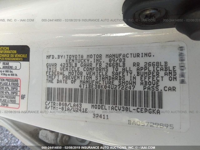 4T1BE30K04U272247 - 2004 TOYOTA CAMRY LE/XLE/SE WHITE photo 9