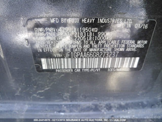 JF1GPAA66G8273237 - 2016 SUBARU IMPREZA GRAY photo 9