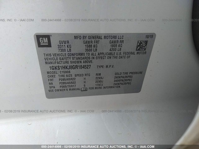 1GKS1HKJ8GR184527 - 2016 GMC YUKON XL DENALI 白色 照片 9