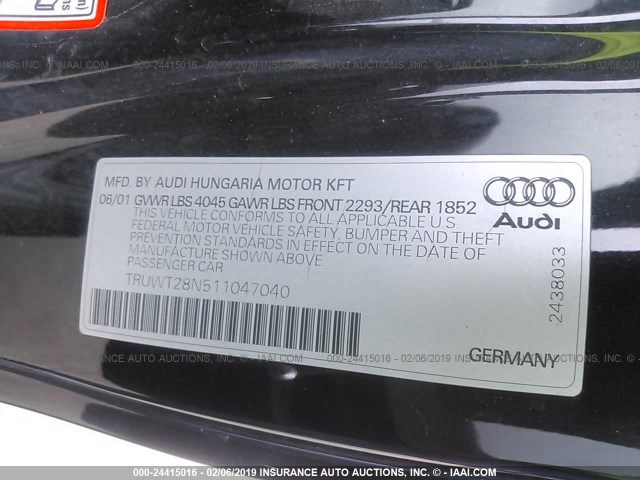 TRUWT28N511047040 - 2001 AUDI TT QUATTRO BLACK photo 9