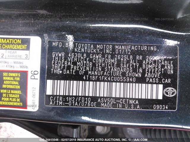 4T1BF1FK4CU055940 - 2012 TOYOTA CAMRY SE/LE/XLE BLACK photo 9