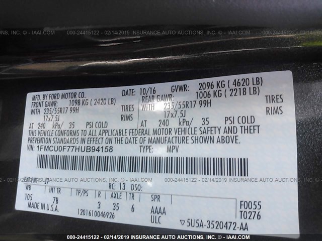 1FMCU0F77HUB94158 - 2017 FORD ESCAPE S GRAY photo 9