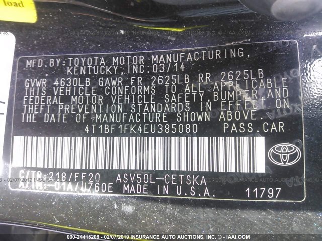 4T1BF1FK4EU385080 - 2014 TOYOTA CAMRY L/SE/LE/XLE 黑色 照片 9
