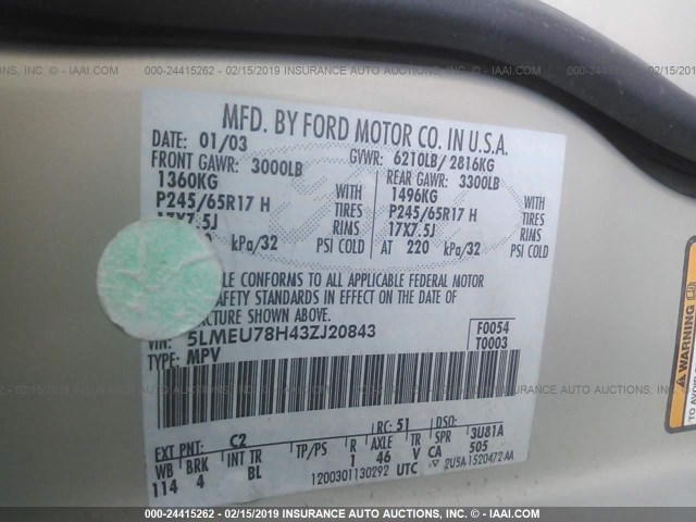 5LMEU78H43ZJ20843 - 2003 LINCOLN AVIATOR 金色 照片 9