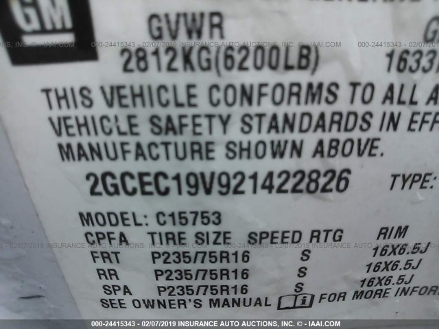 2GCEC19V921422826 - 2002 CHEVROLET SILVERADO C1500 WHITE photo 9