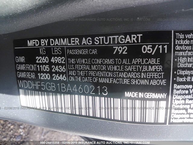 WDDHF5GB1BA460213 - 2011 MERCEDES-BENZ E 350 GRAY photo 9