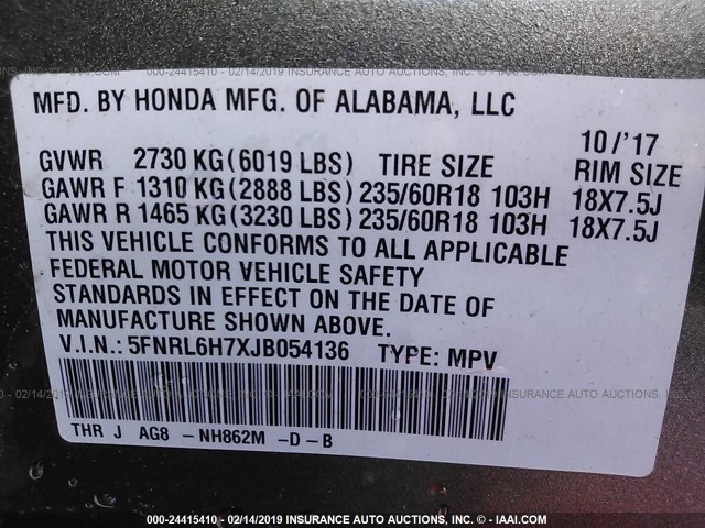 5FNRL6H7XJB054136 - 2018 HONDA ODYSSEY EXL GRAY photo 9