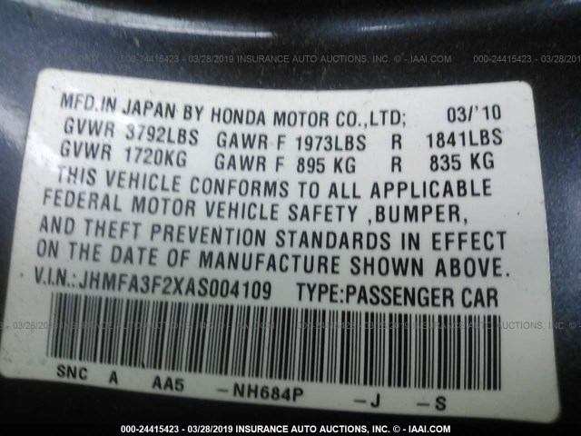 JHMFA3F2XAS004109 - 2010 HONDA CIVIC HYBRID BLUE photo 9