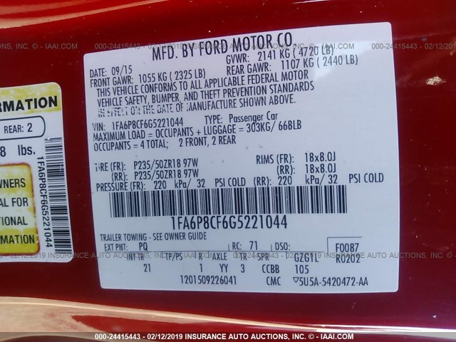 1FA6P8CF6G5221044 - 2016 FORD MUSTANG GT RED photo 9