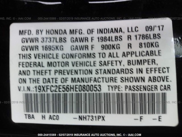 19XFC2E56HE080053 - 2017 HONDA CIVIC LX 黑色 照片 9