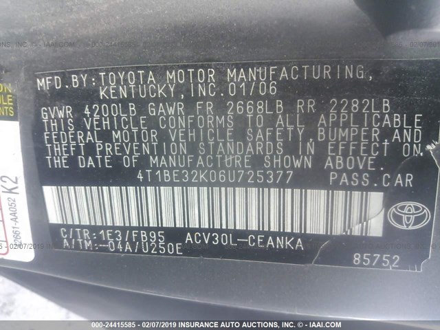 4T1BE32K06U725377 - 2006 TOYOTA CAMRY LE/XLE/SE GRAY photo 9