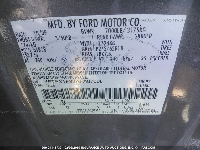 1FTEX1E83AFA87008 - 2010 FORD F150 SUPER CAB GRAY photo 9