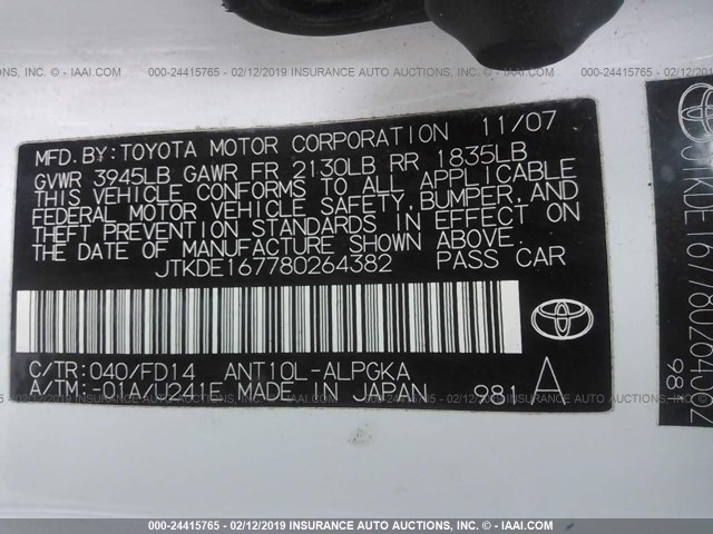 JTKDE167780264382 - 2008 TOYOTA SCION TC WHITE photo 9