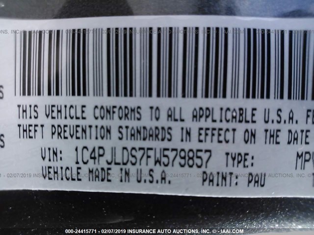 1C4PJLDS7FW579857 - 2015 JEEP CHEROKEE LIMITED GRAY photo 9