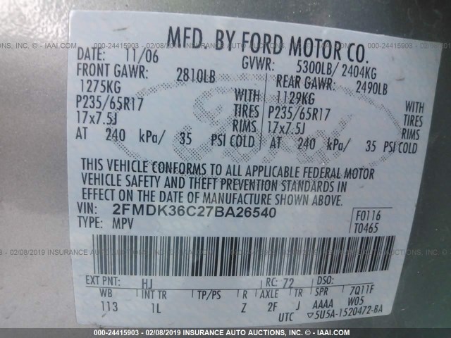 2FMDK36C27BA26540 - 2007 FORD EDGE SE GRAY photo 9